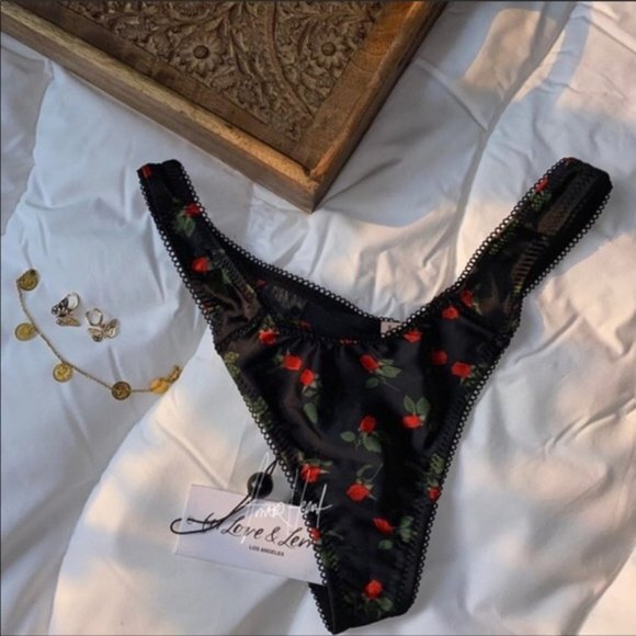 For Love And Lemons Love Song Thong Panty Black Floral XXS NEW